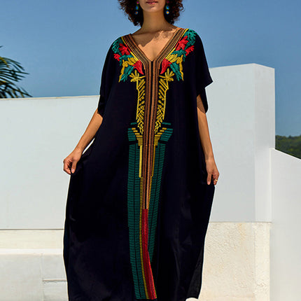 New Cross-Border European and American Style Loose Embroidered Long Dress for Women, Embroidered Beach Cover-Up, Long Robe, Bikini Cover-Up