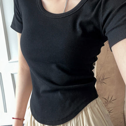 2025 New Summer U-Neck Right Shoulder T-Shirt Slim Design Niche Short-Sleeved Sexy Small Top for Women Export