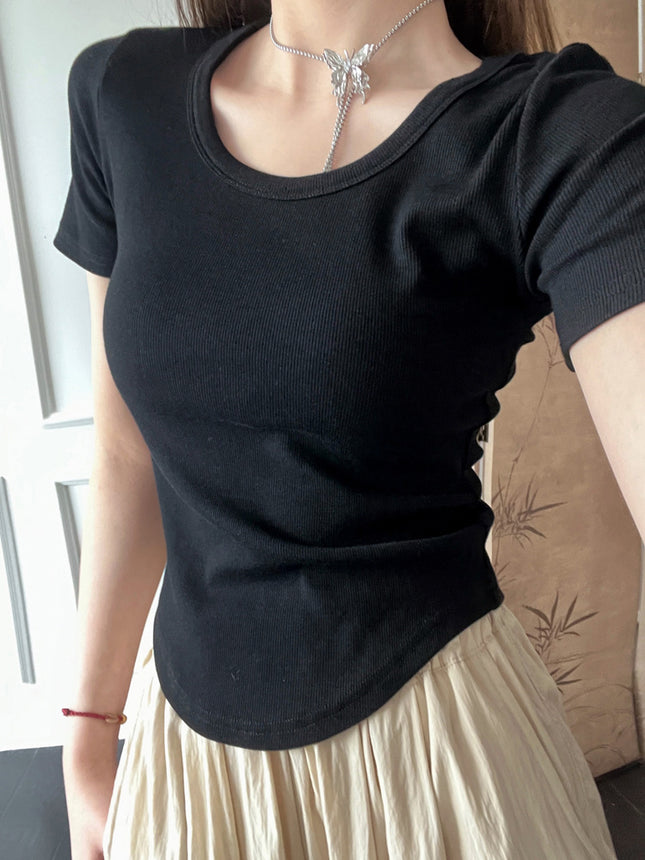 2025 New Summer U-Neck Right Shoulder T-Shirt Slim Design Niche Short-Sleeved Sexy Small Top for Women Export