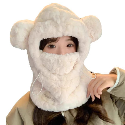 Korean Cute Plush Ear Protection Three-In-One Women's Thickeneded Mask Scarf All-In-One Cycling Warm Winter Bear Hat