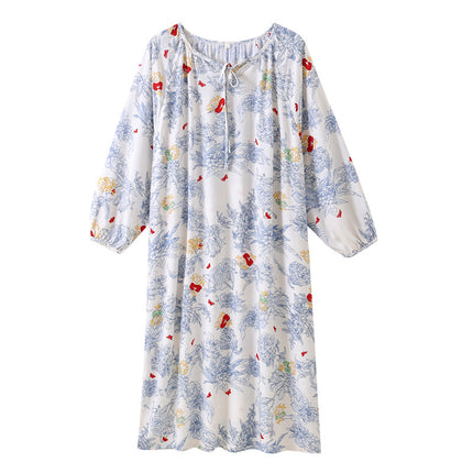Cotton Silk Nightgown for Women, All-Cotton Summer Long-Sleeved Bohemian Style Long Dress Pajamas, Large Size Loose-Fitting Loungewear That Can Be Worn Outside