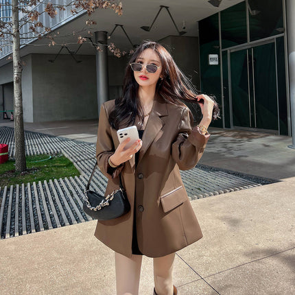 Korean Style PU Leather Suit Jacket Women's 2025 Spring and Autumn New Slimming High-end Temperament Top 89418300
