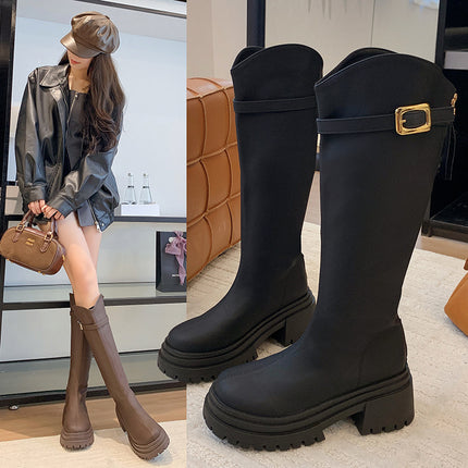 Long Boots for Women in Autumn and Winter, Thick-Soled High Boots for Small People, Maillard Retro Square Heel Back Zipper Slimming Look Knight Boots
