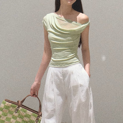 Oakmo/ "Season of Love" Pure Desire Slanted Shoulder Design Swing Collar Tencel Knitted Top T-Shirt