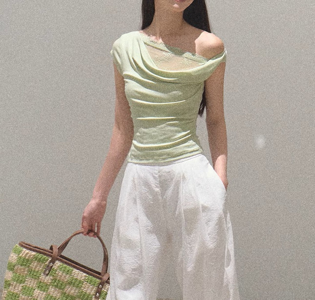 Oakmo/ "Season of Love" Pure Desire Slanted Shoulder Design Swing Collar Tencel Knitted Top T-Shirt