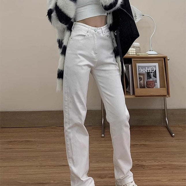White High-Waisted Straight-Leg Extended Jeans for Tall Women 170 Early Autumn Slimming Hot Girl Floor-Length Cigarette Pants