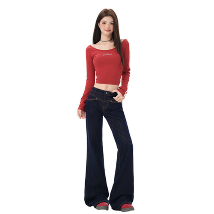 American-Style Front Pocket Flared Jeans for Women, 2025 Autumn and Winter New Low-Waist Loose Slimming Horse Hoof Flared Pants