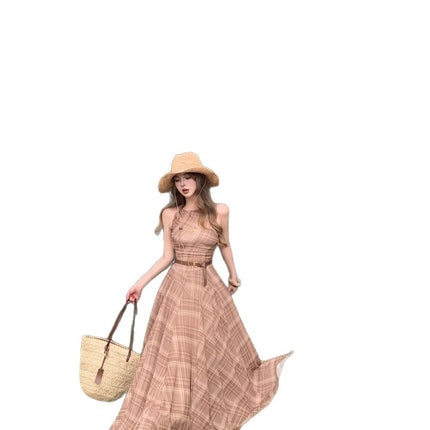 Vacation Style Contrasting Plaid Sleeveless Dress for Women, Summer Elegant Lady A-Line Skirt, Waist Slimming Look Long Skirt
