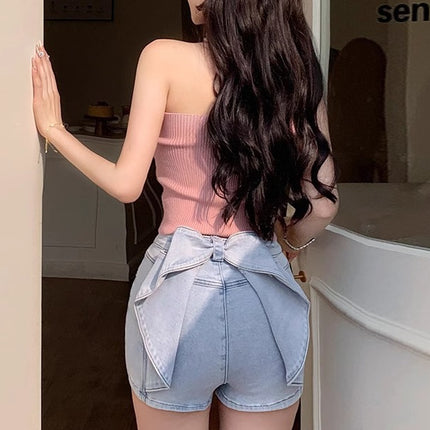 Hot Girl Light Blue Stereo Bow Denim Shorts 2025 Spring and Summer New Comic Girl High Waist Slim Hot Pants