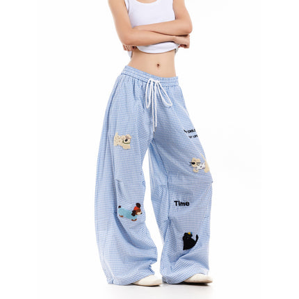 American-Style Lazy Puppy Towel Embroidered Plaid Long Pants Retro Loose Design Straight Drape Casual Pants Trendy Women's Style