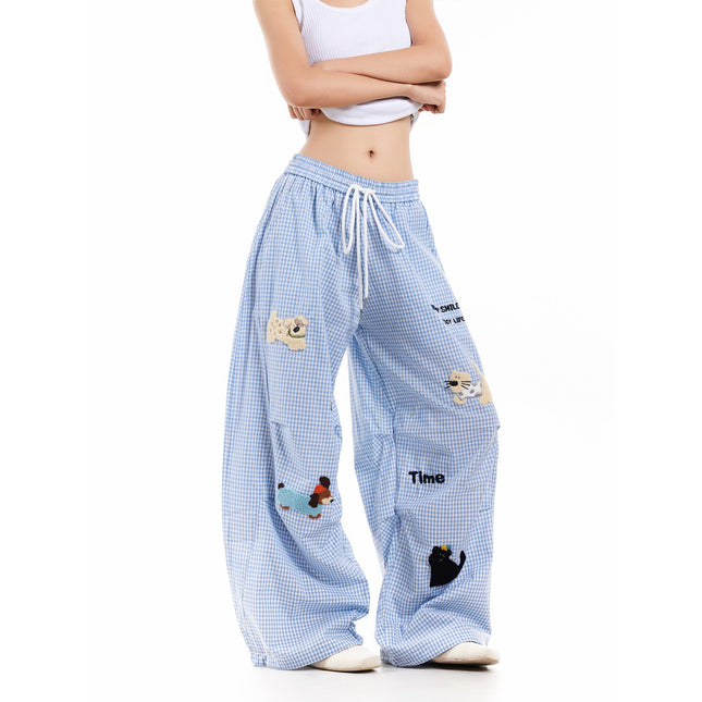American-Style Lazy Puppy Towel Embroidered Plaid Long Pants Retro Loose Design Straight Drape Casual Pants Trendy Women's Style