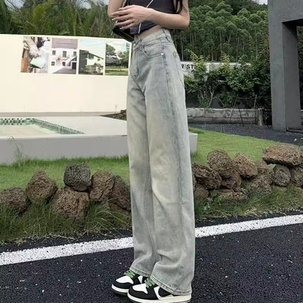 Retro Straight Jeans for Small Women Spring & Fall 2024 New High-waist Draped Floor-length Narrow Wide-leg Long Pants