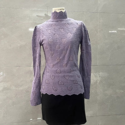 Purple Half Turtleneck Lace Bottoming Shirt for Women in Autumn and Winter New Style with Western Style Brushed Shirt High-End Long-Sleeved Top