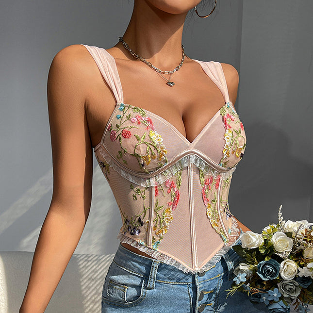Cross-border French Slim Sling Fishbone Vest Foreign Trade European and American New Retro Flower Sexy Small Vest Top for Women