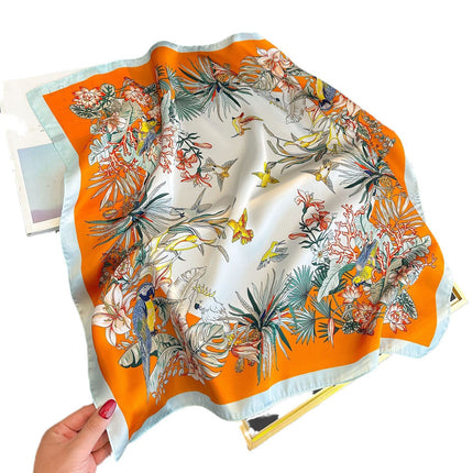 New Style Square Scarf Small Silk Satin Imitation Silk Women Flower and Bird Printed Beautiful Silk Scarf Thin Small Square Scarf Scarf Scarf