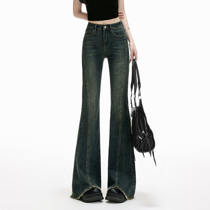 Vintage Flared Jeans for Women 2025 Autumn New High-Waisted Stretchy Slim Fit Frayed Hem Floor-Length Pants