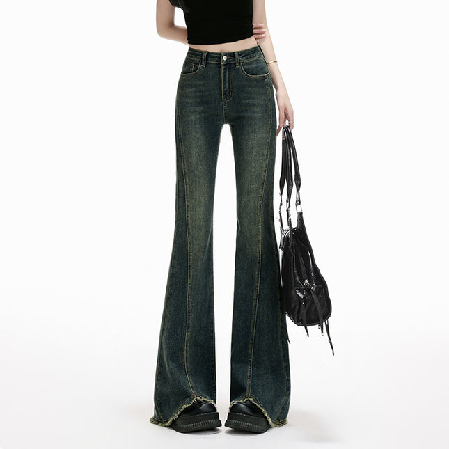 Vintage Flared Jeans for Women 2025 Autumn New High-Waisted Stretchy Slim Fit Frayed Hem Floor-Length Pants