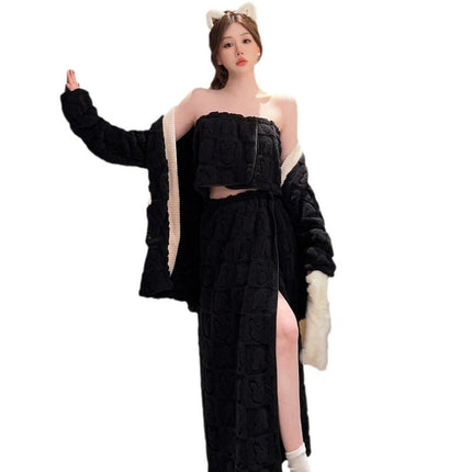 Q3190-3, jacquard coral fleece pajamas small tube-length apron robe three-piece suit autumn and winter warm home