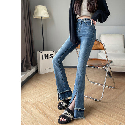 Rough Slit Micro-flared Jeans Women's Early Spring 2023 New High Waist Slim-fit Horseshoe Mop Pants for Women