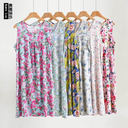 Summer Cotton Silk Nightgown for Women Thin Artificial Cotton Floral Sleeveless Korean Style Loose Large Size Home Wear Pajamas Vest Dress