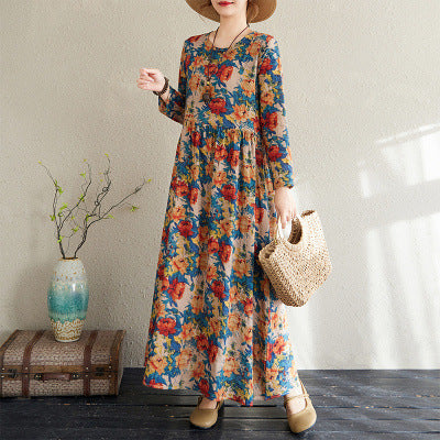 2025 Early Spring New Style Color Holiday Style Travel Crewneck Long Sleeve Retro Long Dress Women's Mat Covering Cotton and Linen dress
