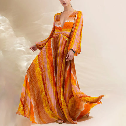 2024 European and American Swimwear New Style V-Neck Long-Sleeved Printed One-Piece Swimsuit Set for Women Cross-Border Hot-Selling Beachwear