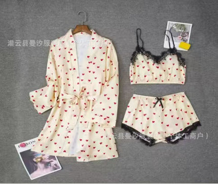 Cross-Border New Style Camisole, Shorts, and Robe Three-Piece Set, Sexy Lace Women's Loungewear Pajamas, Wholesale in Stock