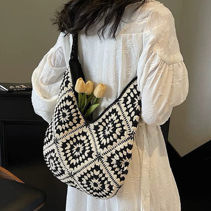 New Single-Shoulder Cotton Hand-Woven Bag Ins Straw Woven Bag Large Capacity Tote Bag Vacation Beach Bag Women's Bag