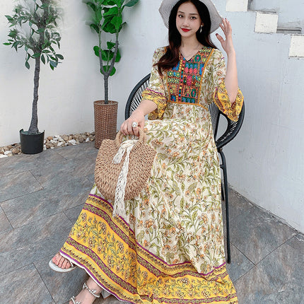 Amazon Cotton Silk Beach Dress Ethnic Style Large Swing Dress V-Neck Mid-Sleeve Dress Embroidered Vintage Floral Long Dress
