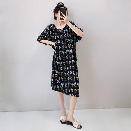 2026 New Cotton Silk Nightgown for Women, High-End Printed Short-Sleeved Long Dress, Large Size, Thin Style, Can Be Worn Outside as Loungewear