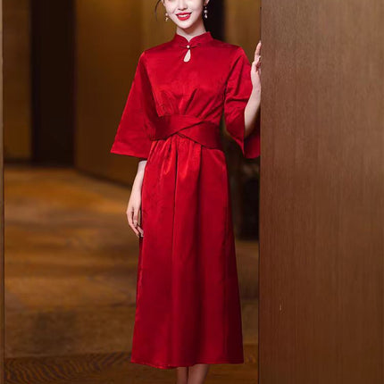 New Chinese Cheongsam Toast Dress Bride Red Engagement Dress Wedding Women's Door-Back Dress Tight Waist Slimming dress