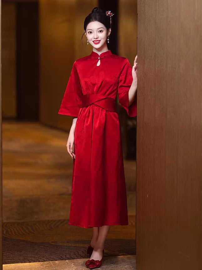 New Chinese Cheongsam Toast Dress Bride Red Engagement Dress Wedding Women's Door-Back Dress Tight Waist Slimming dress
