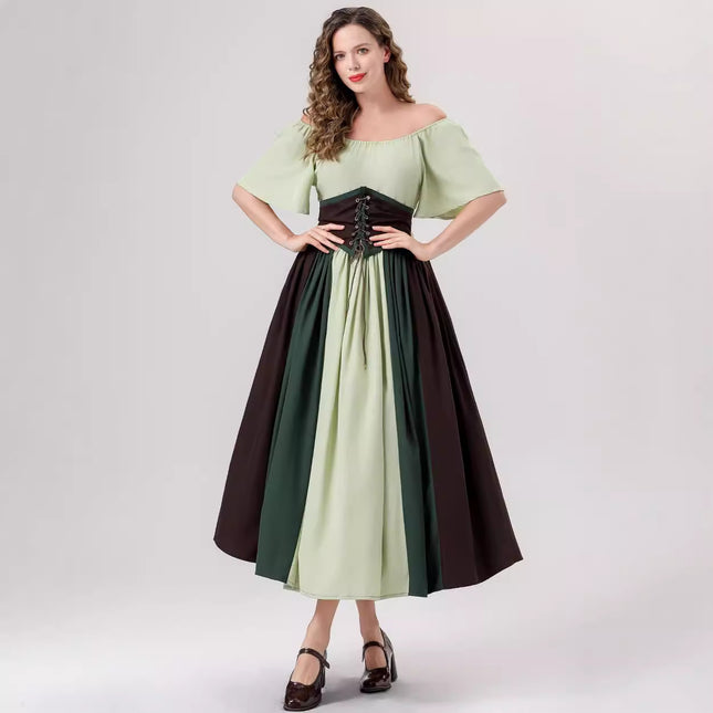 European and American New Arrivals: Medieval Retro Color-Blocking Dress with Flutter Sleeves, Tie-Waist, and Large Hem, Suitable for Masquerade Ball Performance