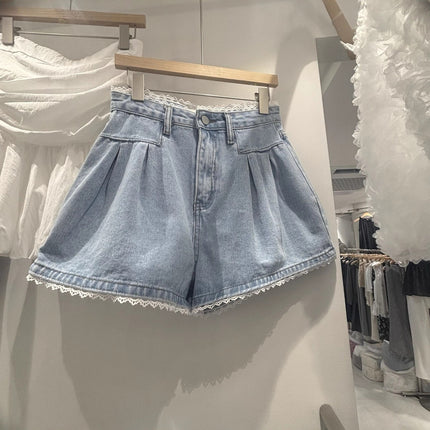Blue Denim Shorts Women's Summer Lace Pants 2025 New Hot Style High Waist A-Line Wide Leg Hot Pants for Hot Girls