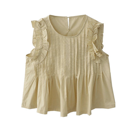 Summer New French Sweet Fungus Lace Organ Pleat Loose All-match Sleeveless Cotton Shirt Women's Vest Top