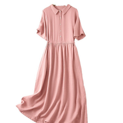 2024 Summer New Retro Hong Kong Style Loose Cotton and Linen Pure Color Mid-Length Polo Collar High Waist Short-Sleeved Dress for Women