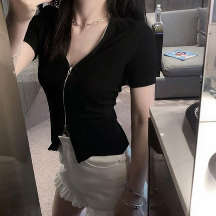 Internet Hot Super Hot T-shirt Women's Summer High Waist Navel-exposed Short Knitted Zipper Cardigan Top Clothes Ice Silk V-neck Half-sleeve T-shirt