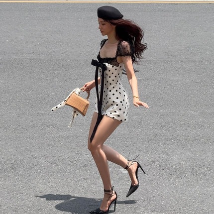 French-Style Cross-Border Popular Women's Polka Dot Mesh Splicing Bow Ribbon Fashion Sexy Hot Girl Short Dress