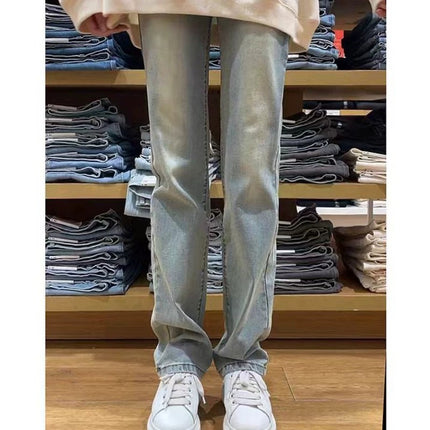 Black Grey Smoke Tube Jeans Women's Trendy All-match Korean Style High Waist Slimming Stretch Slim-fit Niche Narrow Straight Leg Pants