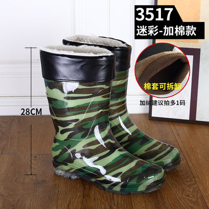 Military Rain Boots Camouflage Mid-Tube Non-Slip Waterproof Shoes Outdoor Fishing Rubber Shoes Overshoes Labor Warm Rain Boots Water Boots