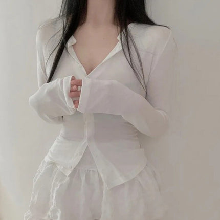 South Korea Dongdaemun New Product Beautifies Body ~ Gentle and Comfortable Swan Neck Shown Body Cardigan T-shirt