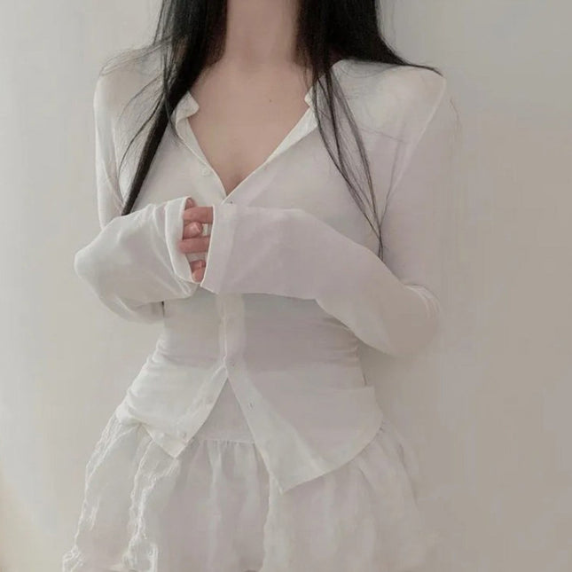 South Korea Dongdaemun New Product Beautifies Body ~ Gentle and Comfortable Swan Neck Shown Body Cardigan T-shirt