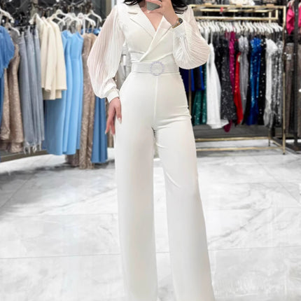 Cross-border 2025 Europe and the United States autumn and winter new chiffon stitching long sleeve women's jumpsuit INS office commuter jumpsuit