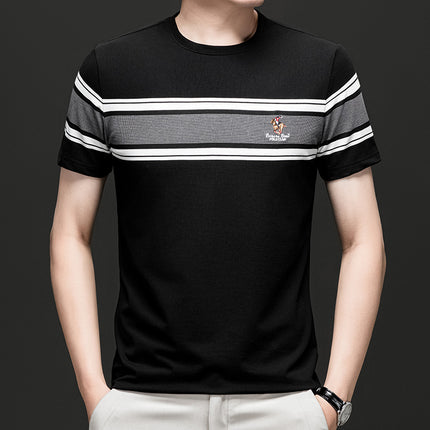 Mingdi Mouse Men's Summer New Round Neck Pullover Short-sleeved T-shirt Casual Striped plus size Young and Middle-aged Men's T-shirt