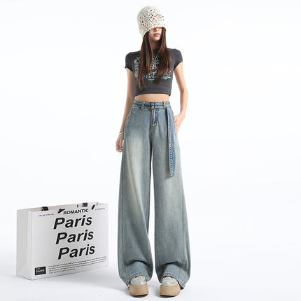 Spring and Autumn Retro High-Waist Belt Design Wide-Leg Pants for Women New Loose Slimming Versatile Drapey Floor-Length Jeans for Women