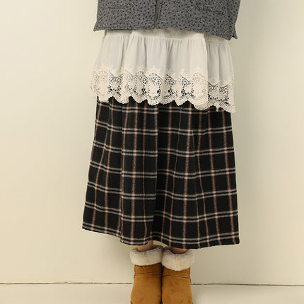 2025 New Autum Women's Korean Style Versatile Plaid Brushed Skirt Loose Casual Age-Reducing Mid-Length A-Line Skirt