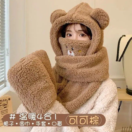 Little Bear Hat Winter Cute Scarf Gloves One-piece Winter Neck Hooded Women's Mask Warm Internet Celebrity Four-piece Set