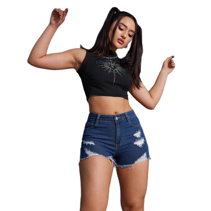 Cross-border AliExpress Hot Sale American Style Denim Shorts Women All-match Blue Ripped Shorts Hem Grinding Jeans