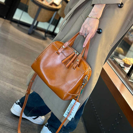 Elegant Women's New Genuine Leather Boston Pillow Bag Women's Crossbody Bag Texted Western Style Vegetable Tanning Top Layer Cowhide Women's Bag