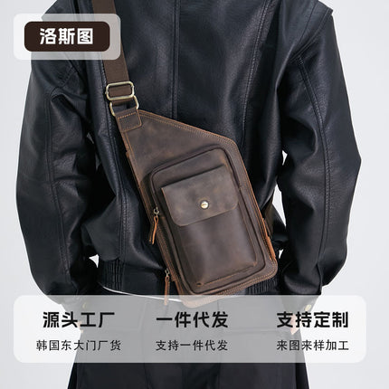 Men's Bag Sports Chest Bag First Layer Cowhide Crossbody Men's Bag Large Capacity Crossbody Bag European and American Retro Crazy Horse Leather Chest Bag